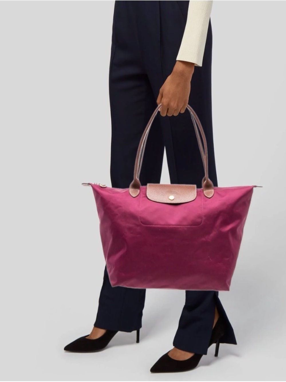 Longchamp Pink Folding Tote with Brown Leather Trim